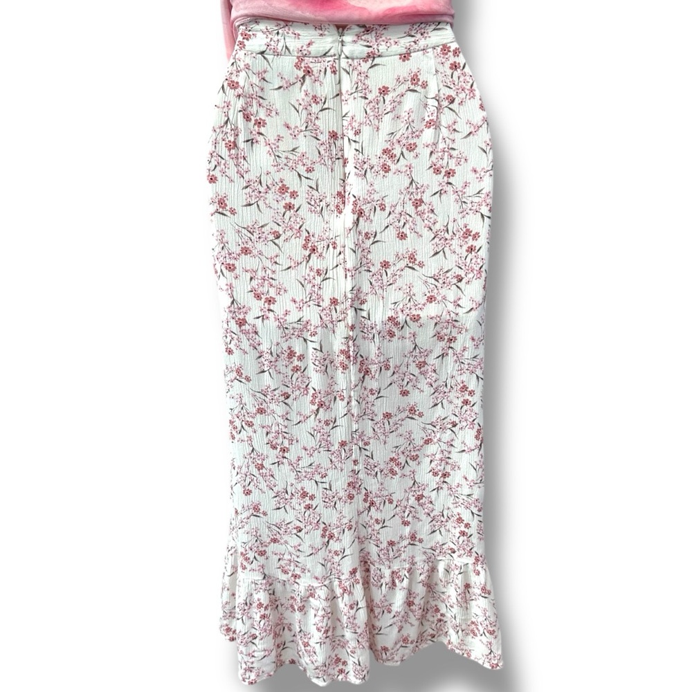 Lulus Pink Floral Ruffle Hem Midi Open Front Prairie Fairy Skirt sz L - Picture 5 of 8